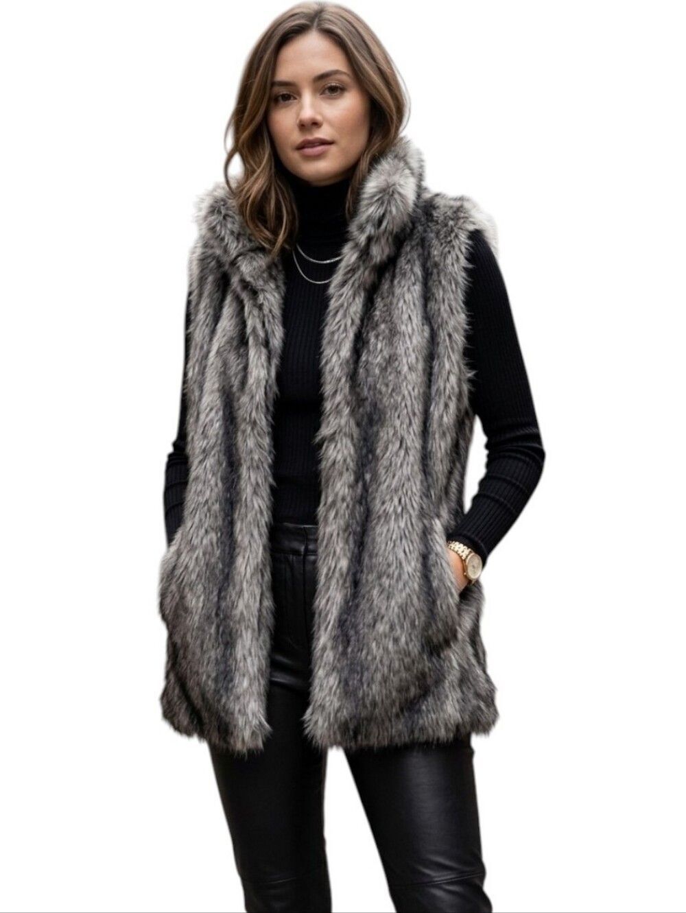 Donna Salyers Fabulous Furs Grey Wolf Faux Fur Open Vest M